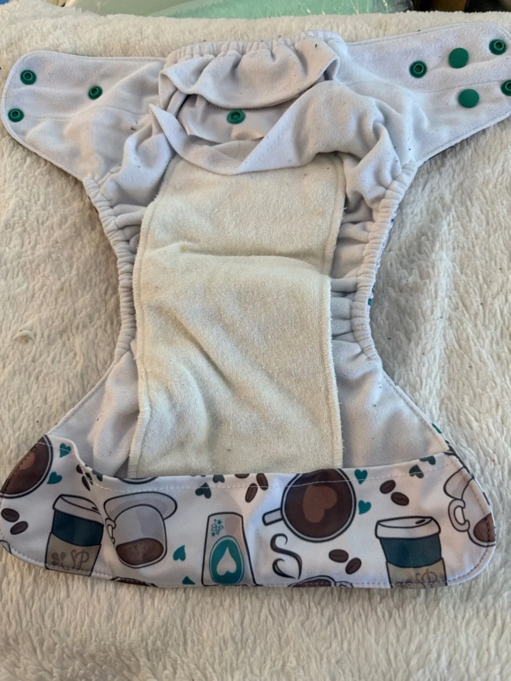 5/$25 Adjustable White Coffee-Print Cloth Diaper Cover with Teal Snaps
